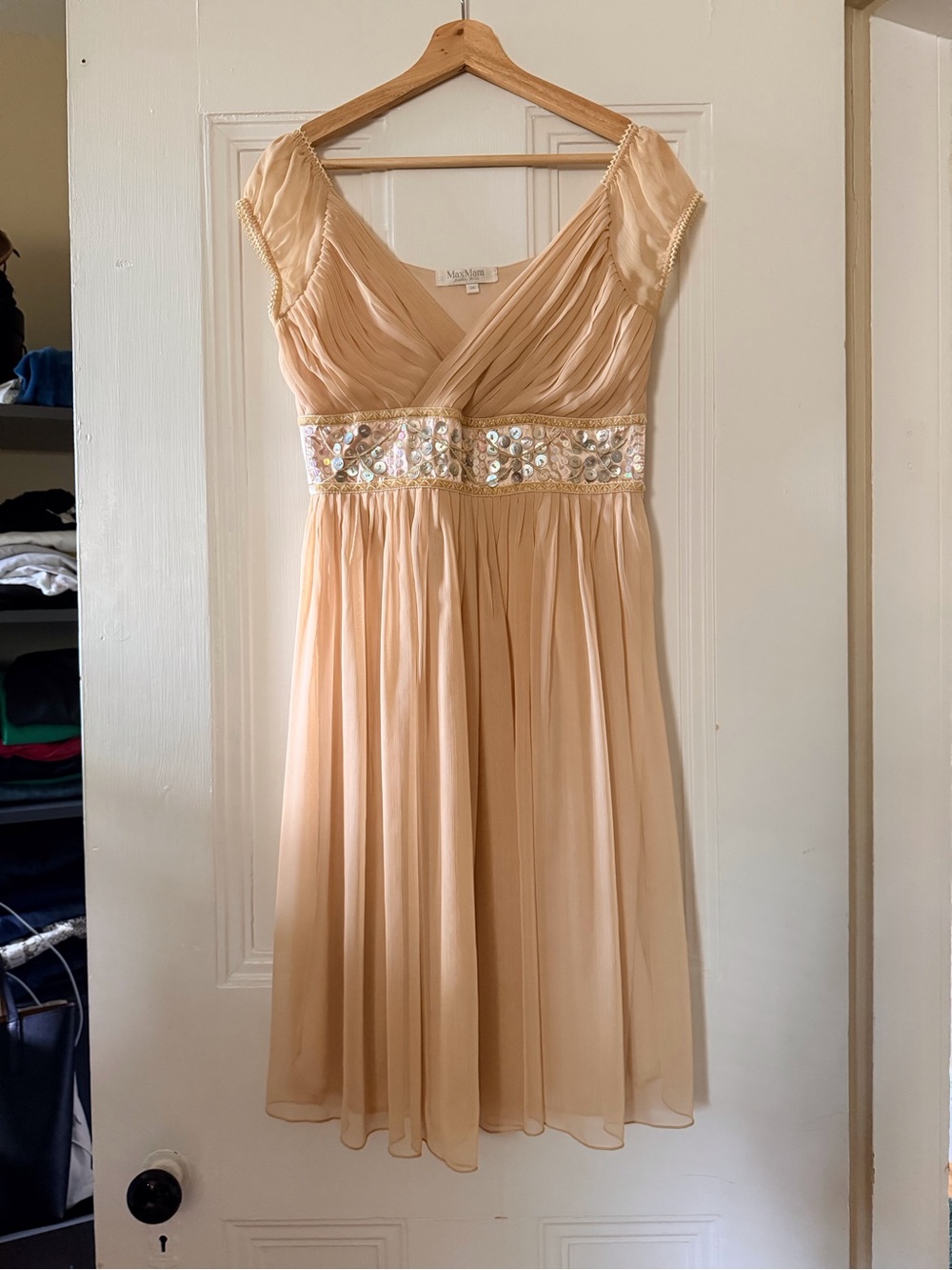 MaxMara Cream Chiffon Midi Dress with Sequin Waist